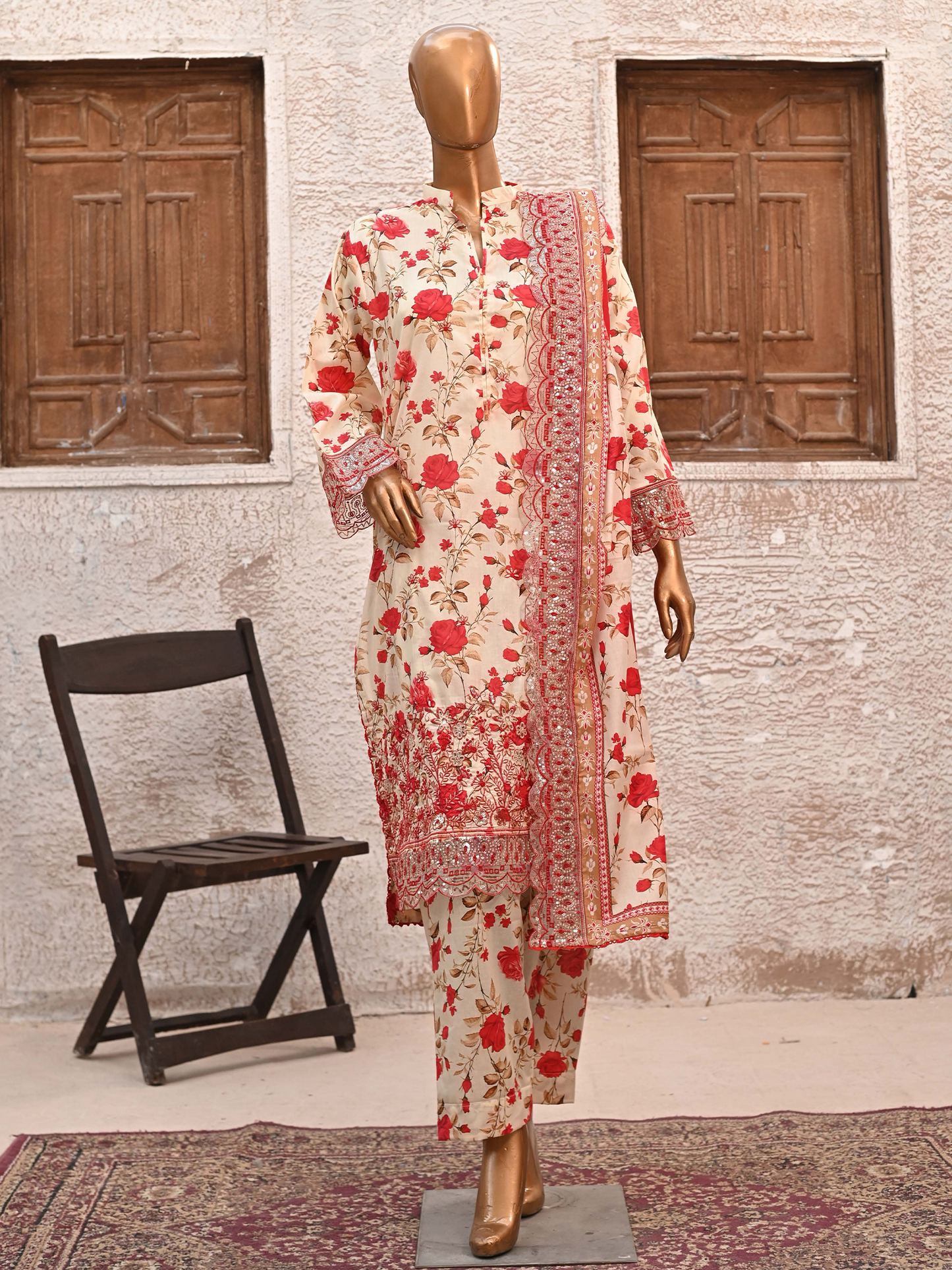 Bin Saeed Lawn 3pc Red Rose