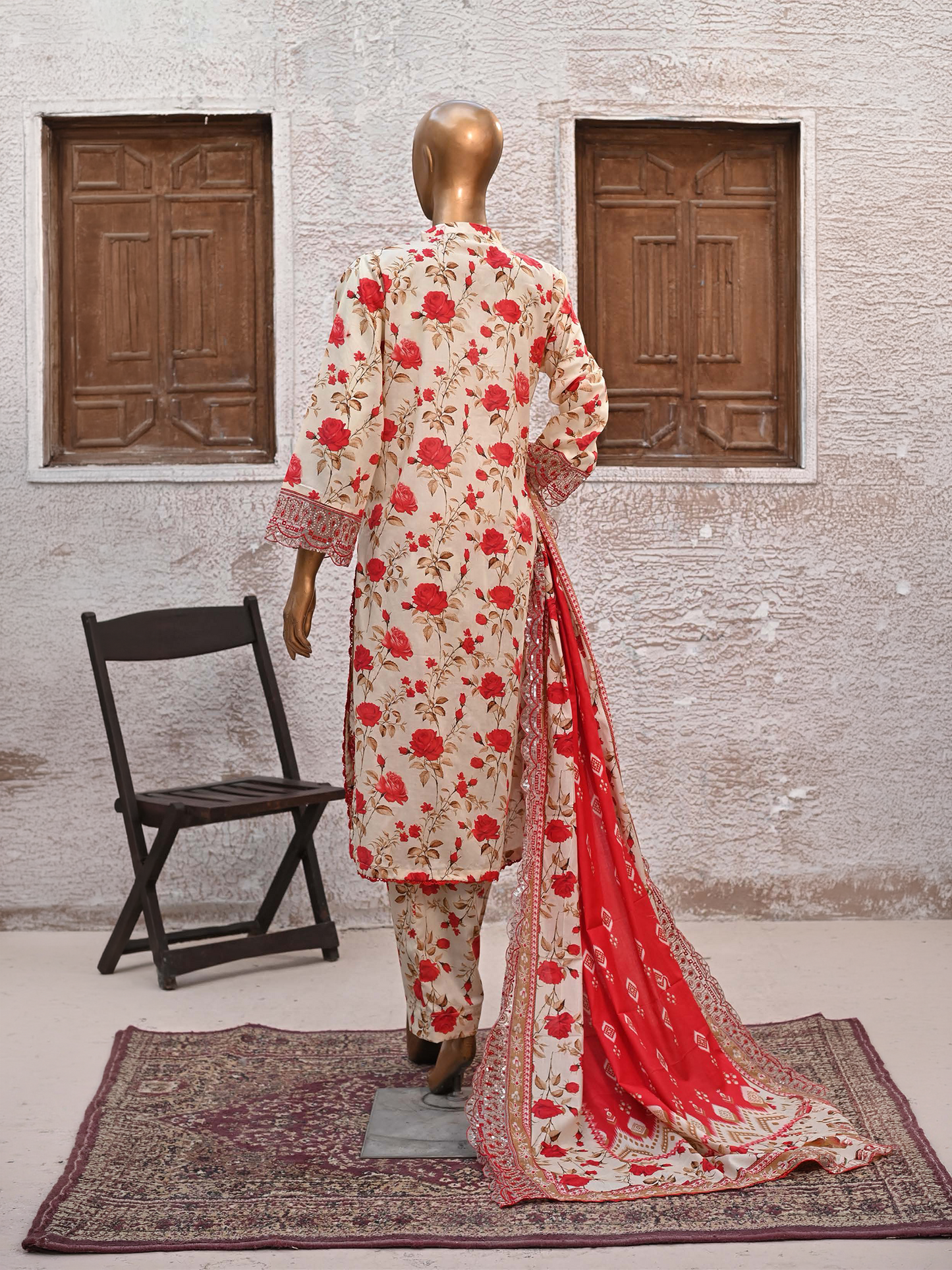 Bin Saeed Lawn 3pc Red Rose